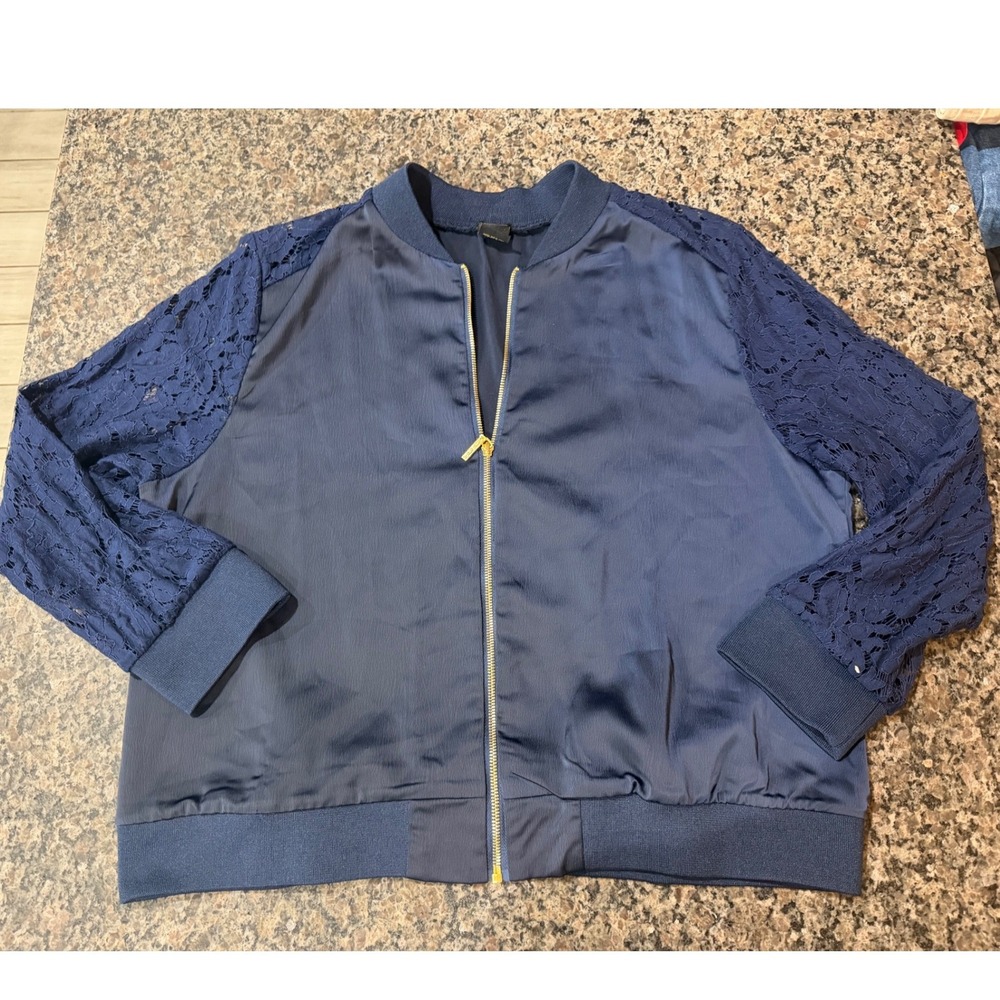 Iman Global Chic Navy Blue Satin Bomber Jacket Floral Lace Sleeves Size 1X